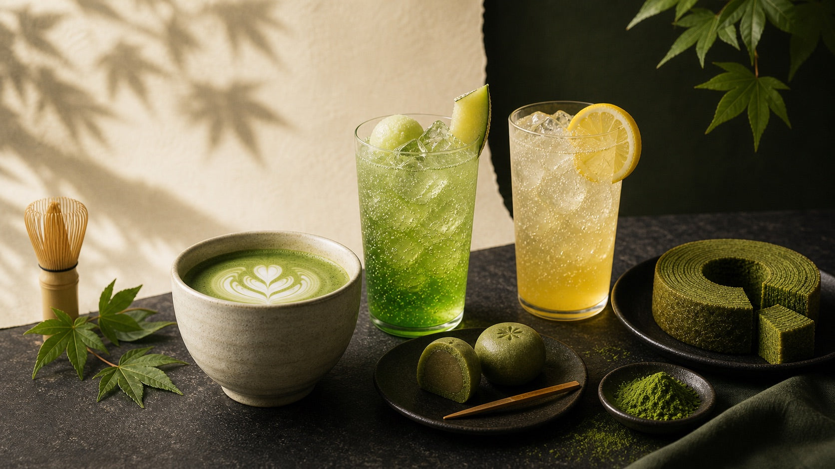 Matcha latte, yuzu soda, melon soda and Japanese sweets